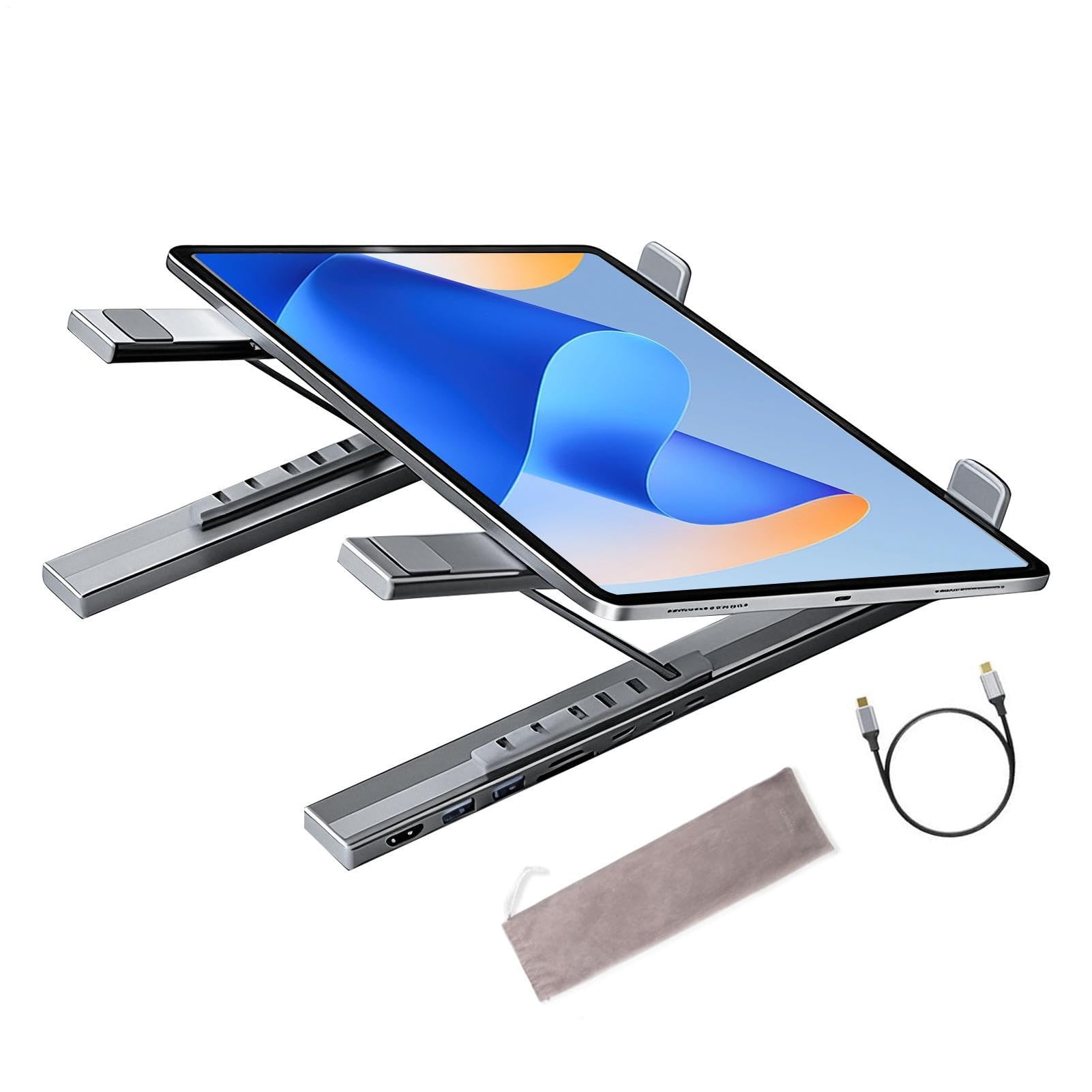 Supporto Portatile per Notebook con Docking Station Hub 8-in-1 e Rialzo per | Trasferimento Dati a 5 Gbps, Supporto Pieghevole con Porte USB Per scrivania, viaggio, ufficio e lavoro