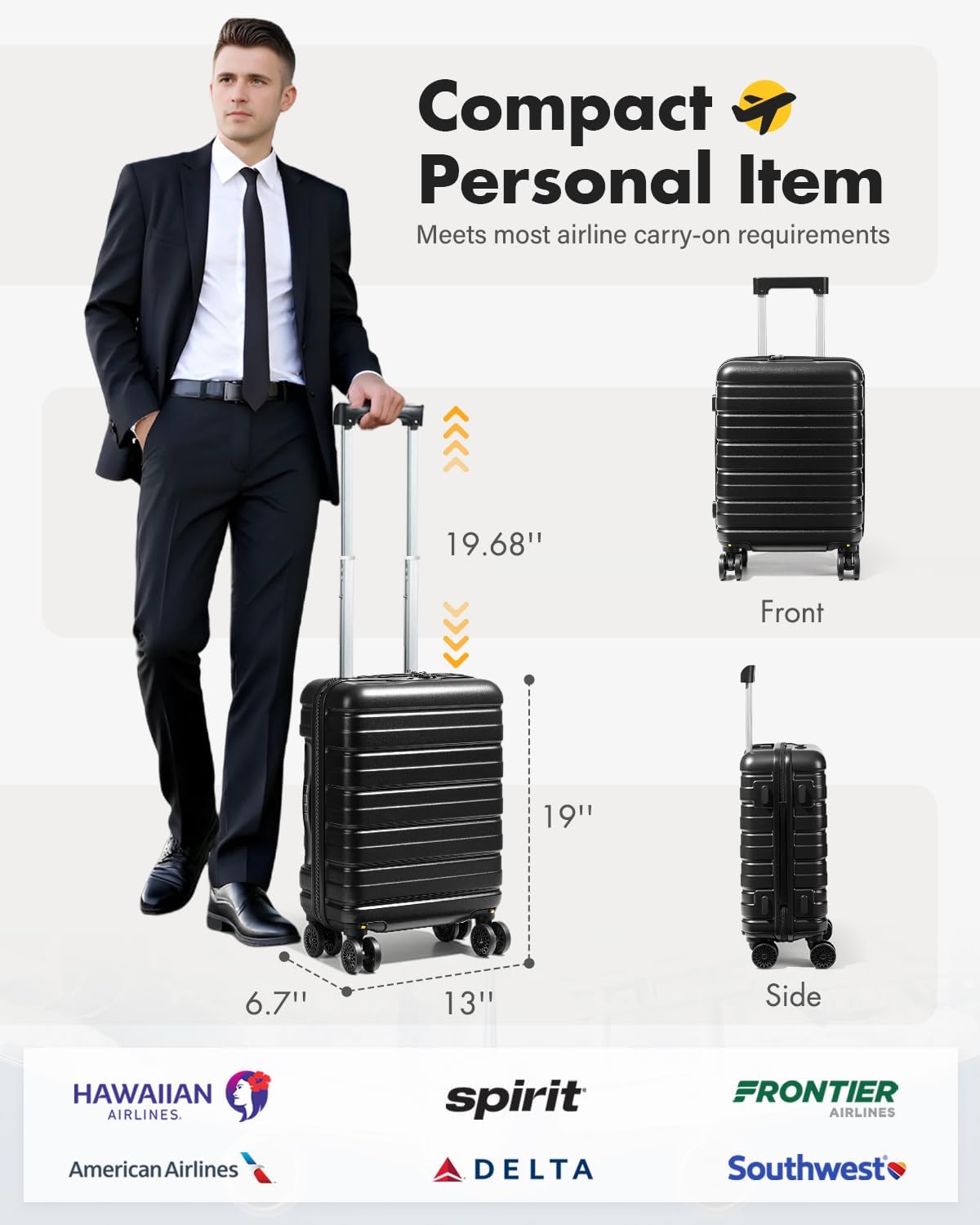 Lekesky 16 Inch Carry on Luggage with Spinner Wheels (Black-Expandable, 16 Inch)