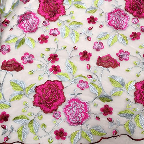 Tissu en dentelle de tulle brodé haut de gamme en organza de 51" de largeur coloris rose red