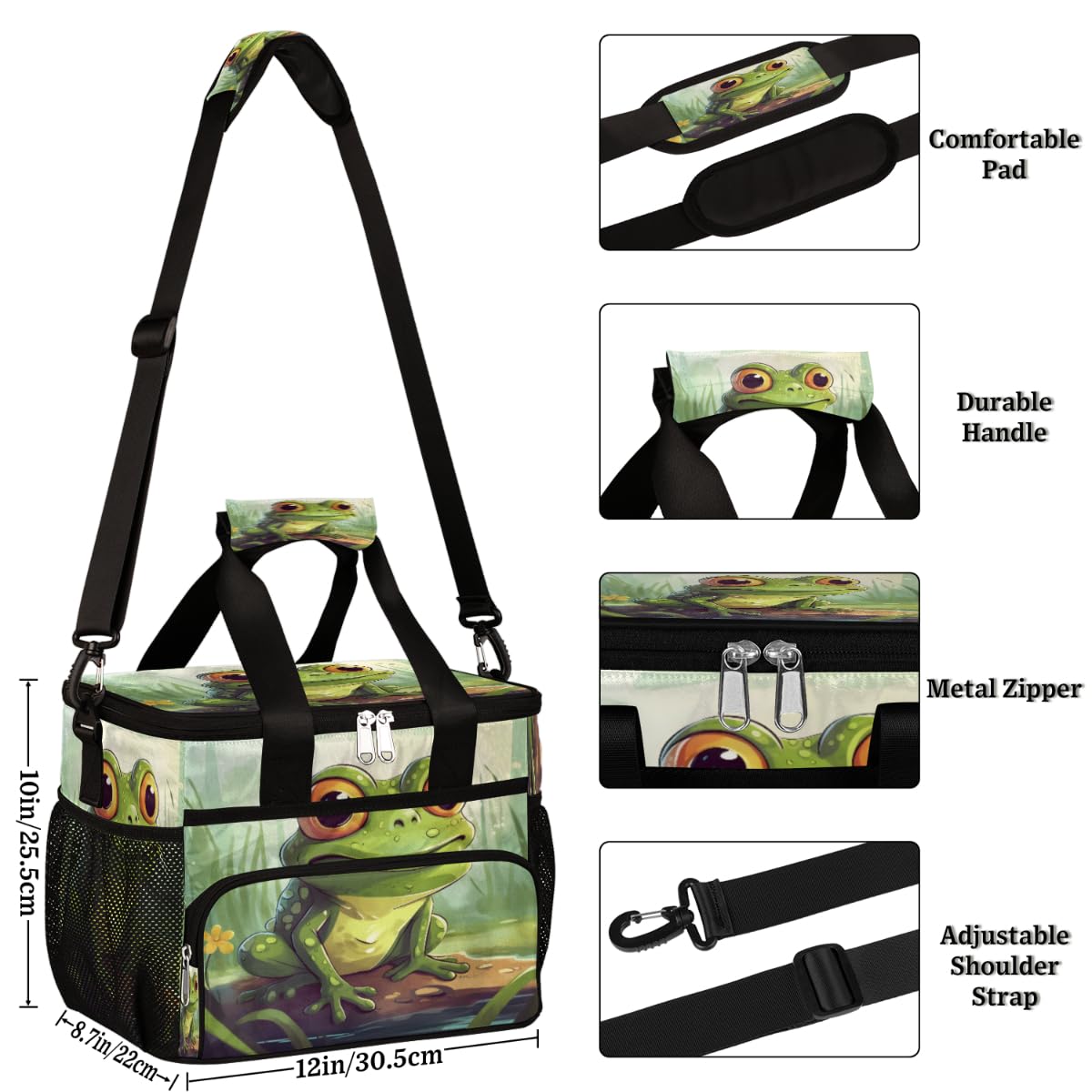 Cute Pond Frog Insulated Picnic Backpack Lunch Box for Women Men Picnic Basket Tote Lunch Bag Picnic Bag Portable Lunch Bags for Picnic, Beach, Work, Trip,Office, Camp Green Frog