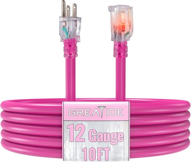 Cord d'extension extérieur avec extrémité éclairée, 10 FT, 15 Amplificateur, 125V, 1875W, 12/3 SJTW, Imperméable, Rose, pour les appareils, Générateur, DIY Outils, Tondeuse à gazon, Lave-pression, Lumières de vacances
