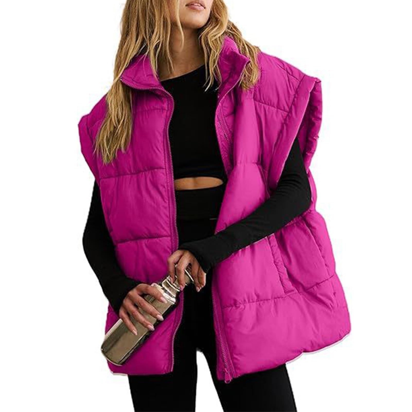 Chaleco Acolchado Corto para Mujer, Abrigo Acolchado Ligero Sin Mangas con Cremallera para Invierno