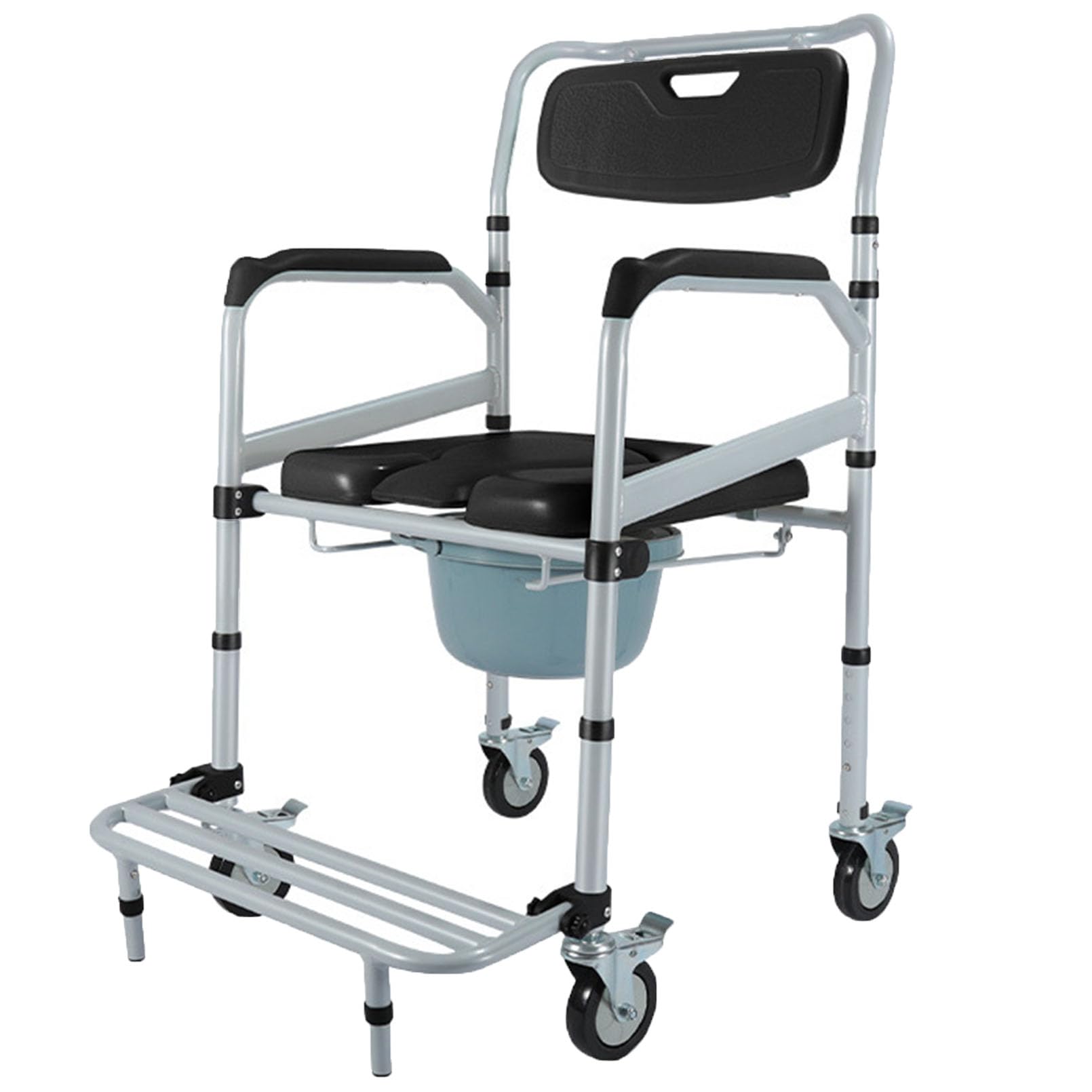 Fauteuil roulant de douche avec seau amovible et 4 roulettes pivotantes - Noir
