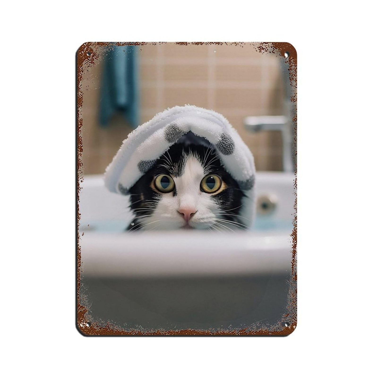 Adorable Cat in Tub Bathroom Art Poster Tin Sign Vintage Metal Pub Club Cafe Bar Home Wall Art Decoration Poster Retro 12x16inch(30x40cm)