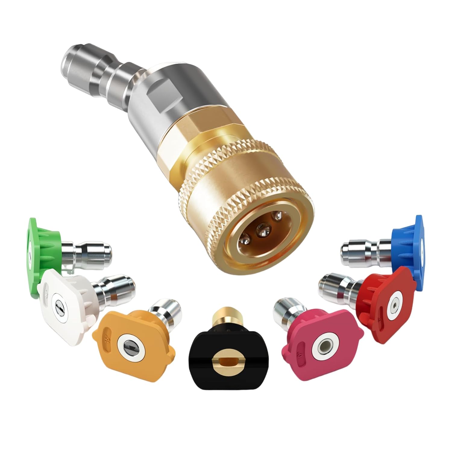 Stroagymoon As Shown Quick Pivoting Coupler Attachment+7 Pressure Washer Nozzle Tips, With 360° Rotation Angle Stainless Steel+Plastic