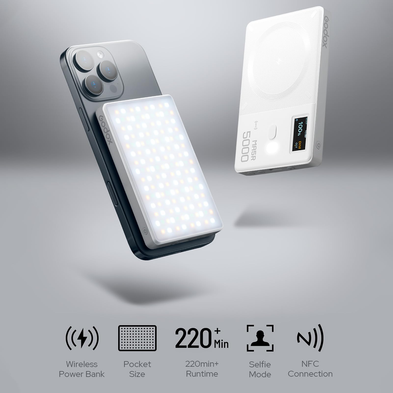Godox MA5R, Luz de Video RGB con Carga magnética luz de Video LED de 1800 K a 10 000 K, actúa como una Fuente de energía inalámbrica para teléfonos Inteligentes, 14 Efectos FX, Control de aplicación