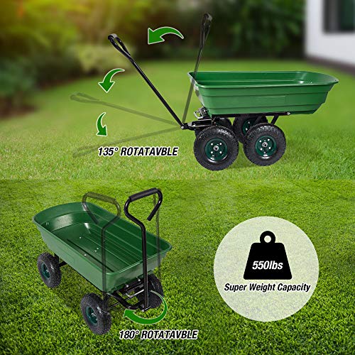 CARSTY Utility Garden Dump Wagon Cart,550 lbs Capacity Heavy Duty Lawn Trolley Yard Wheelbarrow Carrier with Sturdy Steel Frame for Outdoor Camping Picnic Riding Yard,Green