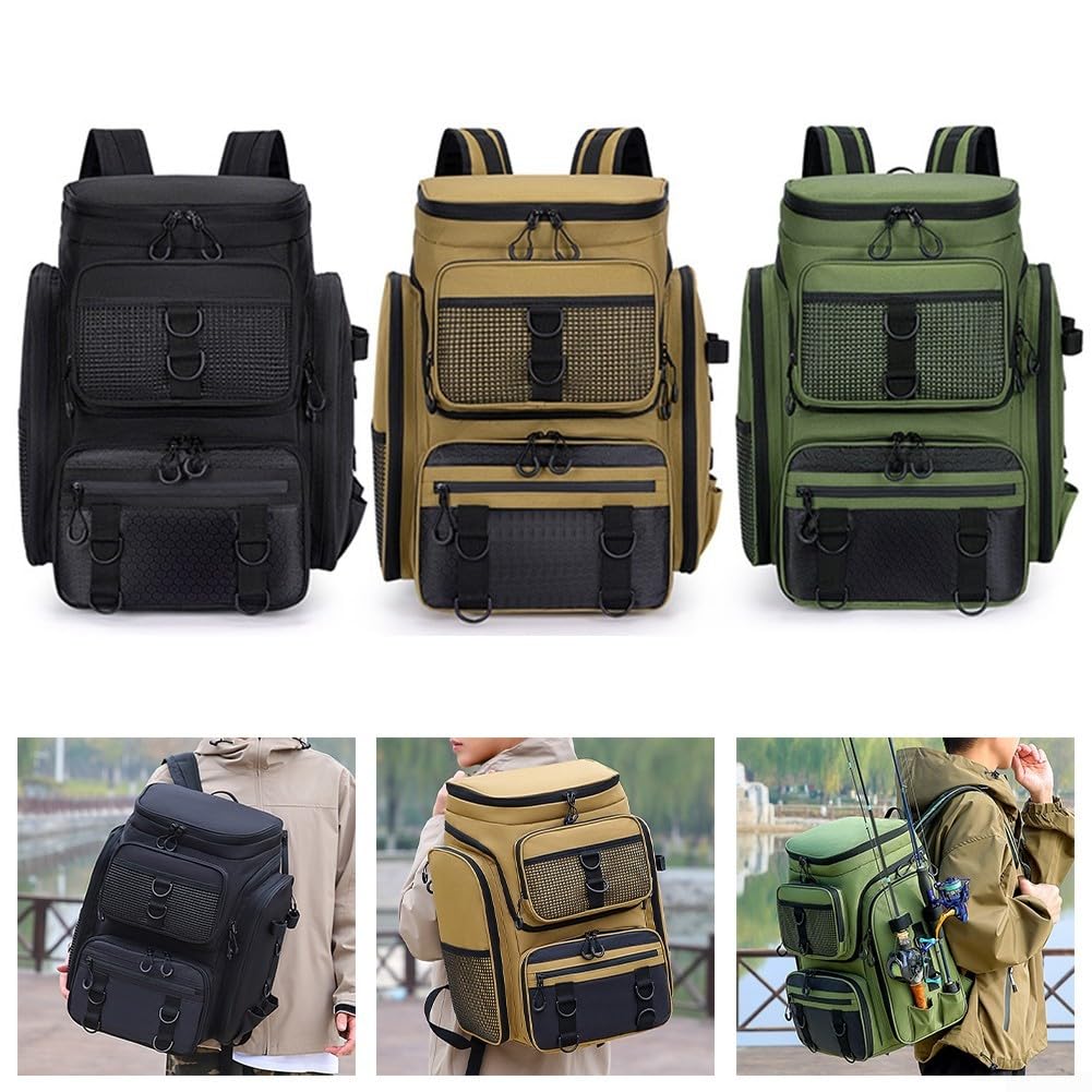 Mochila de pesca impermeable con almacenamiento robusto y soporte de caña para exploración al aire libre (negro)