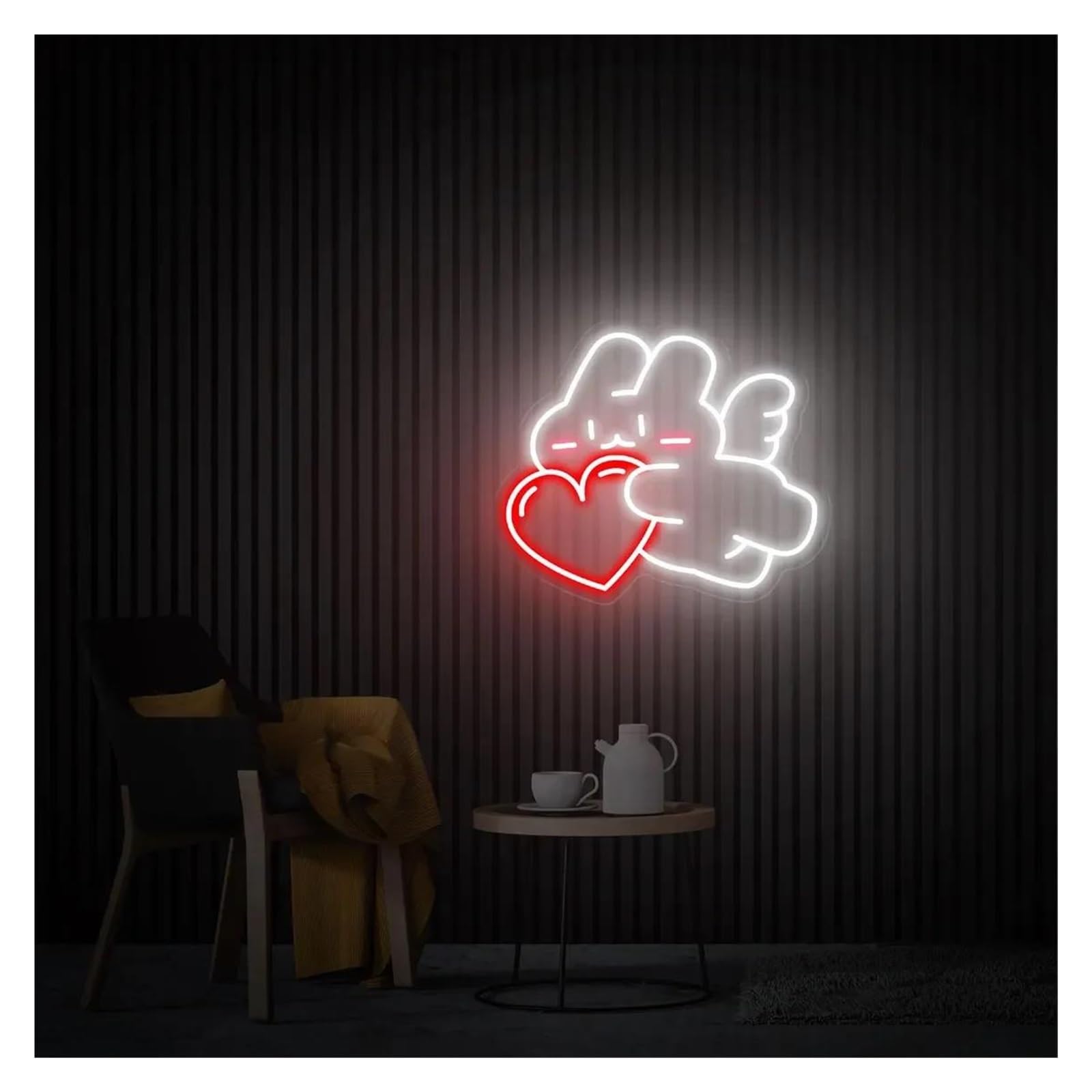 LEMST Signs Lamp Bunny Angel with Heart Neon Sign, Cute Rabbit Neon Sign, Bedroom Decor, Neon Wall Art 38cm/43cm(C,38cm)