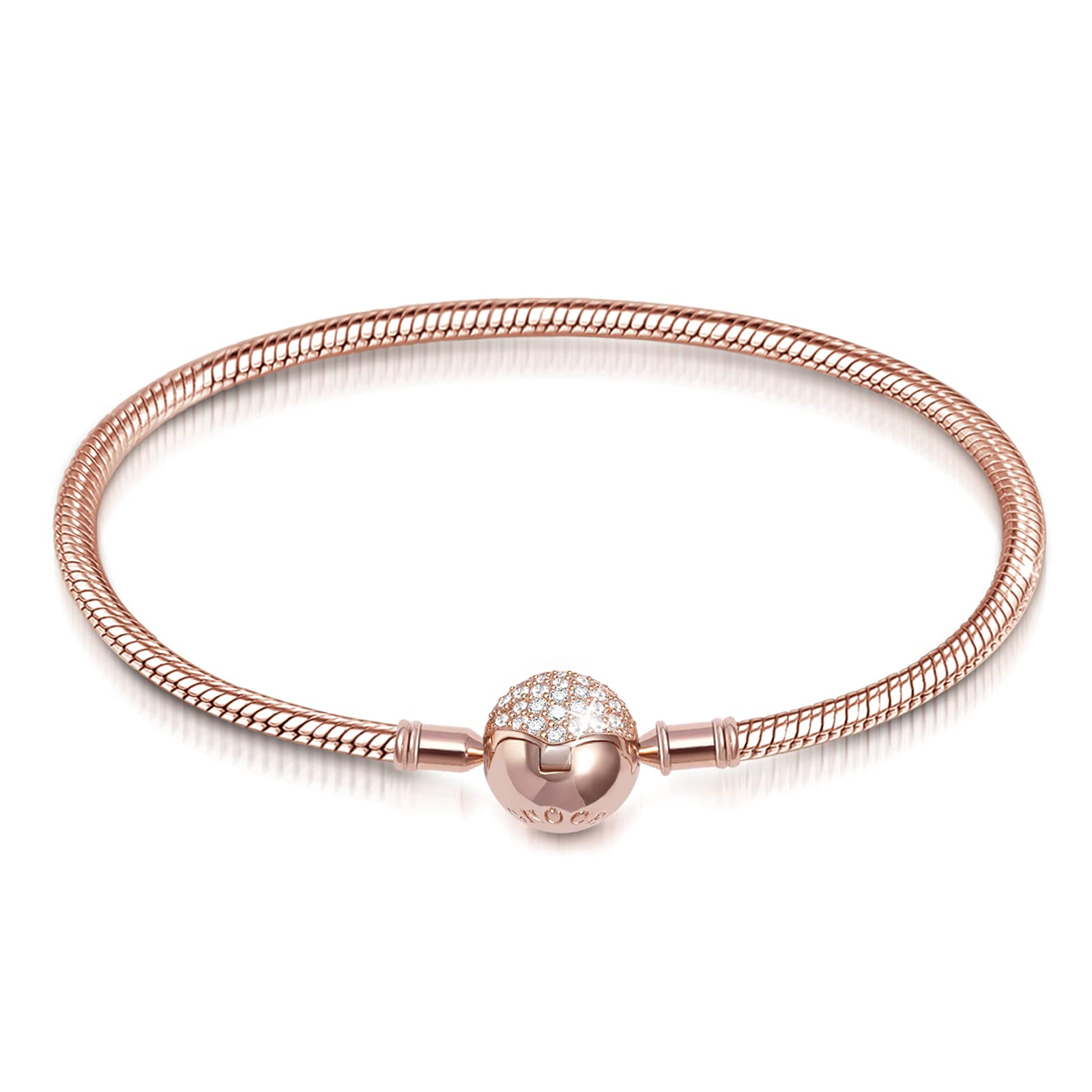Gnoce Sterling Silber Basic Charm Armband Zierlicher Armreif mit Kristallrand Verschluss Armbänder Damen DIY Schlangenkette 18K Rosegold plattiert Liebenswerte Geschenke für Sie