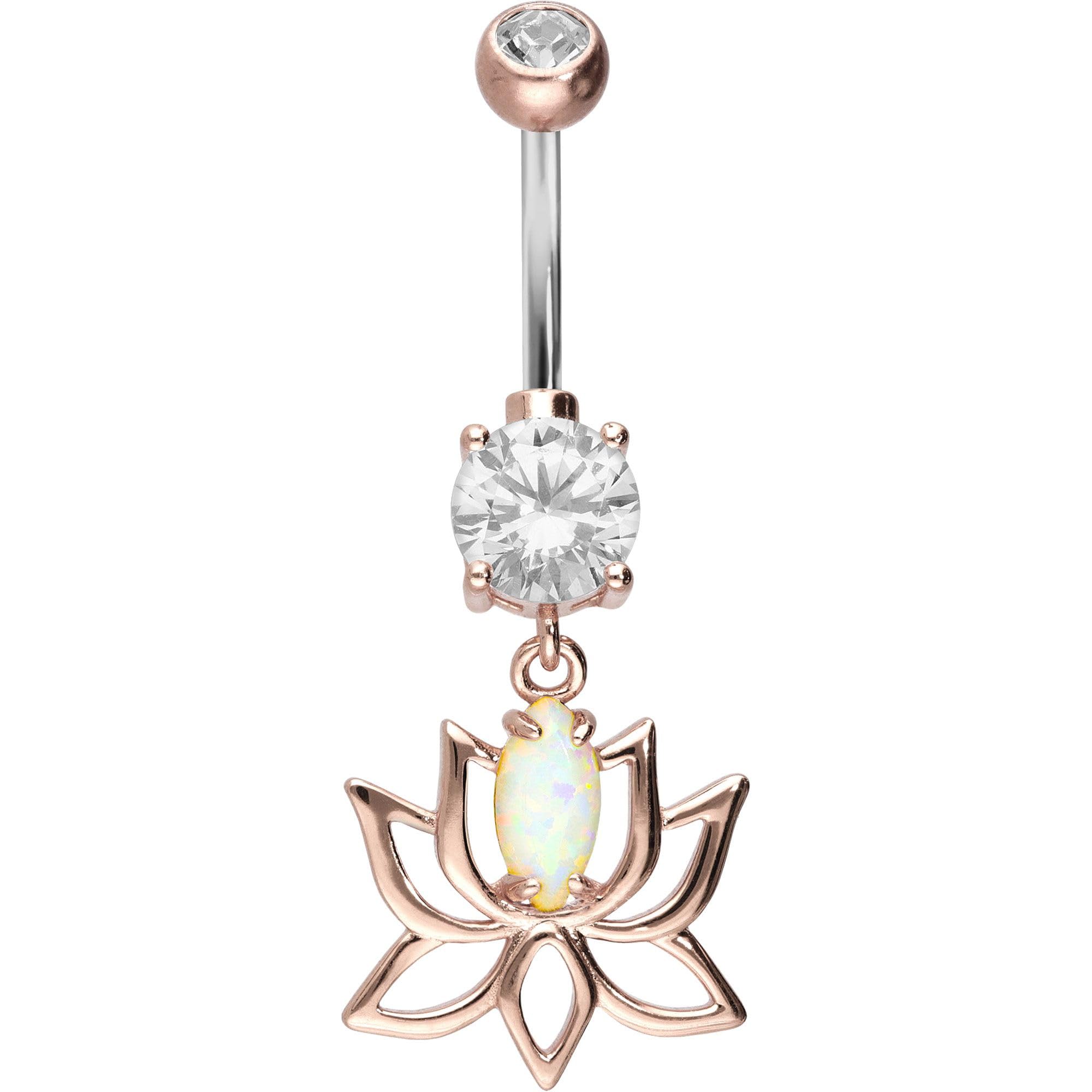 PIERCINGLINE Bauchnabelpiercing Titan Bananabell mit 925er Silber-Design LOTUSBLÜTE + SYNTHETISCHER OPAL - Roségoldfarben, Goldfarben, Weiß, Silberfarben