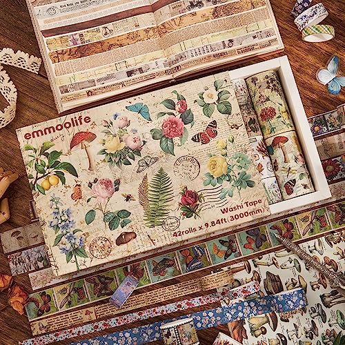 image for emmoolife 42 Rolls Vintage Washi Tape Set, Floral Letter Butterfly Mus