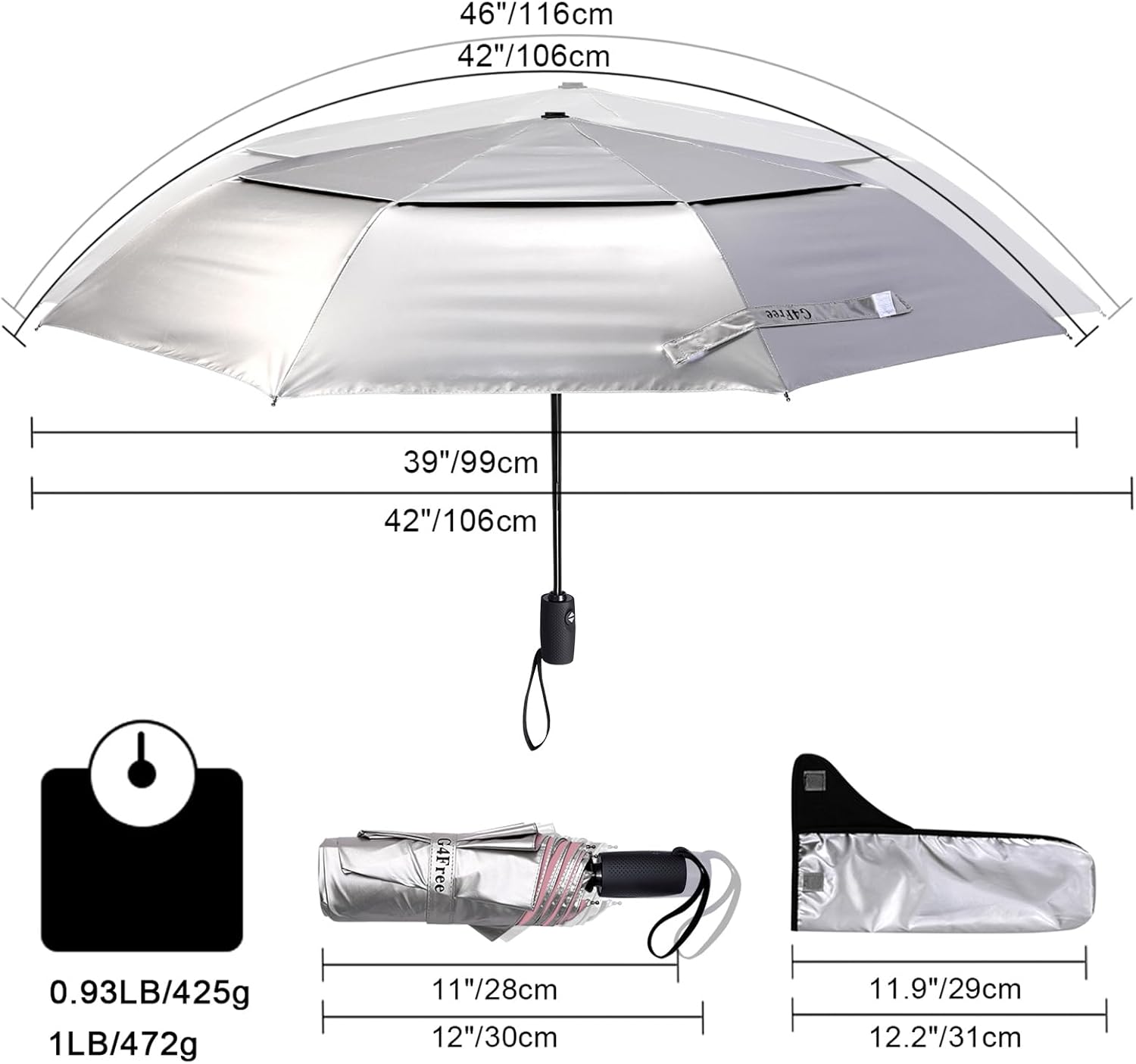 G4Free UPF 50+ UV Protection Travel Umbrella 42/46 Inch Windproof Silver Coating Sun Blocking Umbrella