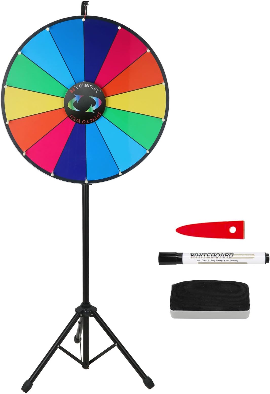 Voilamrt 24 Inch Prize Wheel with Folding Tripod Floor Stand Height Adjustable 14 Slots Color Dry Erase Spin Wheel Spinner Game with Dry Erase & Marker Pen for Fortune Spinning Game