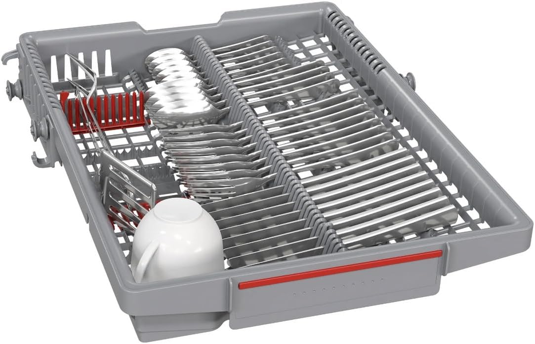 Top-down view of the cutlery drawer in the Bosch SPV4EMX24E dishwasher, filled with various utensils.