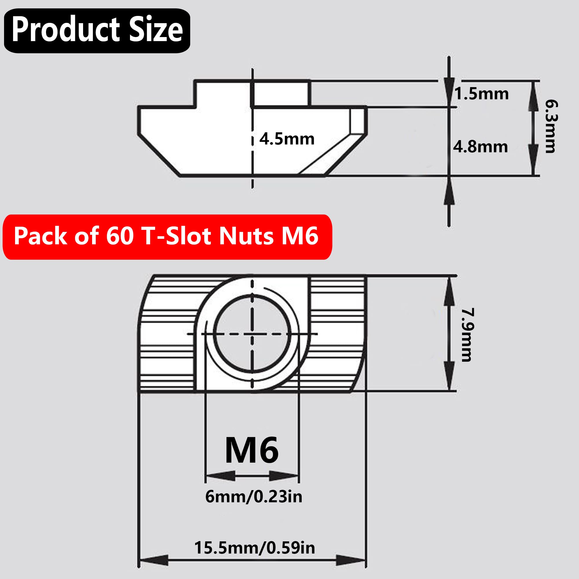 laeeyin 60 pezzi per scanalature M6 in acciaio al carbonio, dadi a T, dadi a martello, per profilo in alluminio, scanalatura di estrusione (EU30-M6-15,5X8)