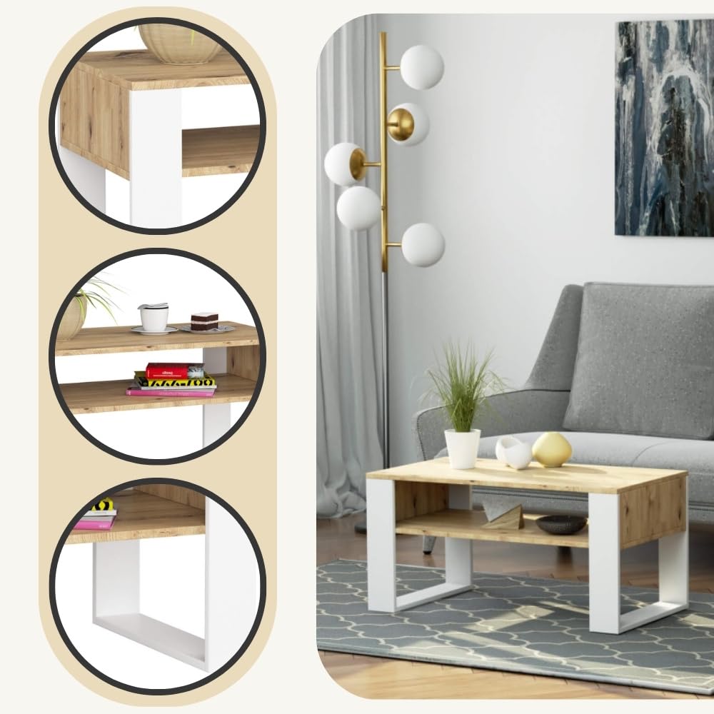 AKORD Mesa de Centro DOMI, Roble Artisan, 92 cm, Frontales Blancos Mate, 92x53x45 cm