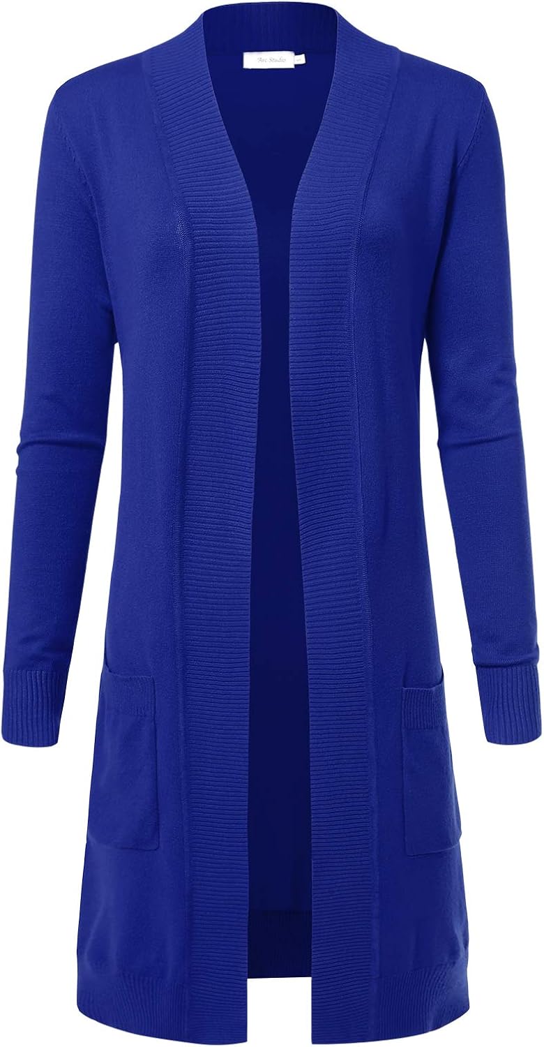 Women's Long Sleeve Open Front Loose Maxi Knitted Long Cardigan Sweater with Pockets Small Royalblue