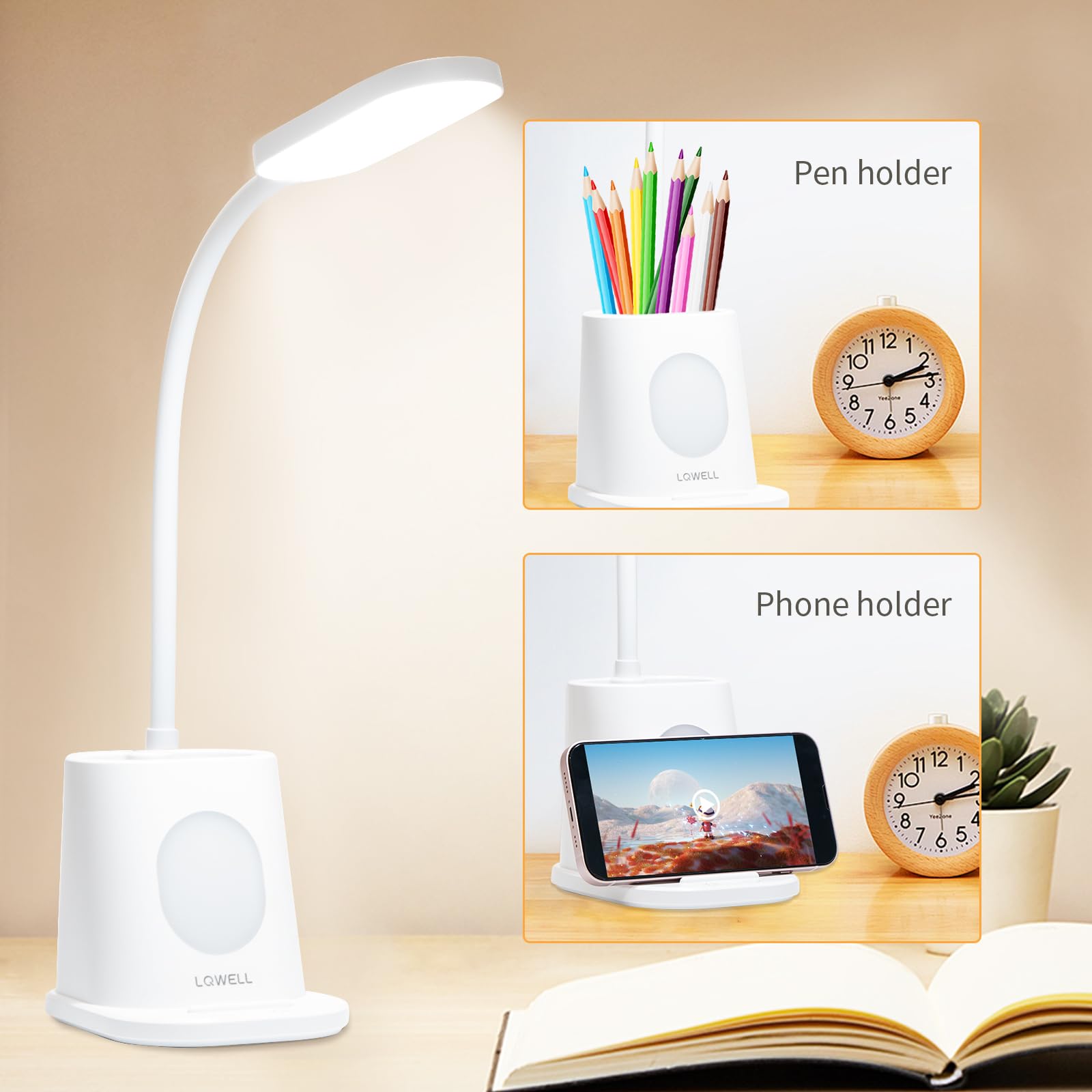 Lampe De Bureau KDD Avec Ports USB, Support Stylo Et Téléphone - Luminosité Réglable, Pivotante 360°, Blanc Chaud/froid - 9