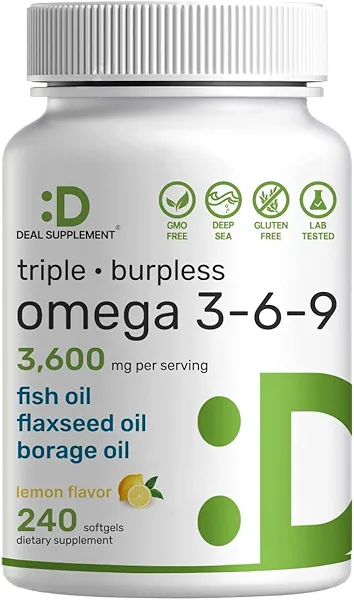Triple Omega 3-6-9 Fish Oil Supplements 3,600mg – 240 Softgels with Flaxseed Oil & Borage Oils Complex – High EPA + DHA – Burpless Pills, Lemon Flavored, Wild Caught – Heart, Joint, & Brain Support
