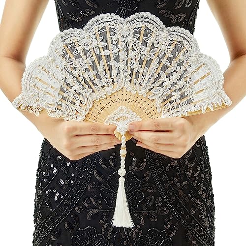 BABEYOND Lace Hand Fan Non-Foldable Vintage Bridal Handheld Fans with Plastic Beads and Embroidered for Wedding Decoration Dancing Party