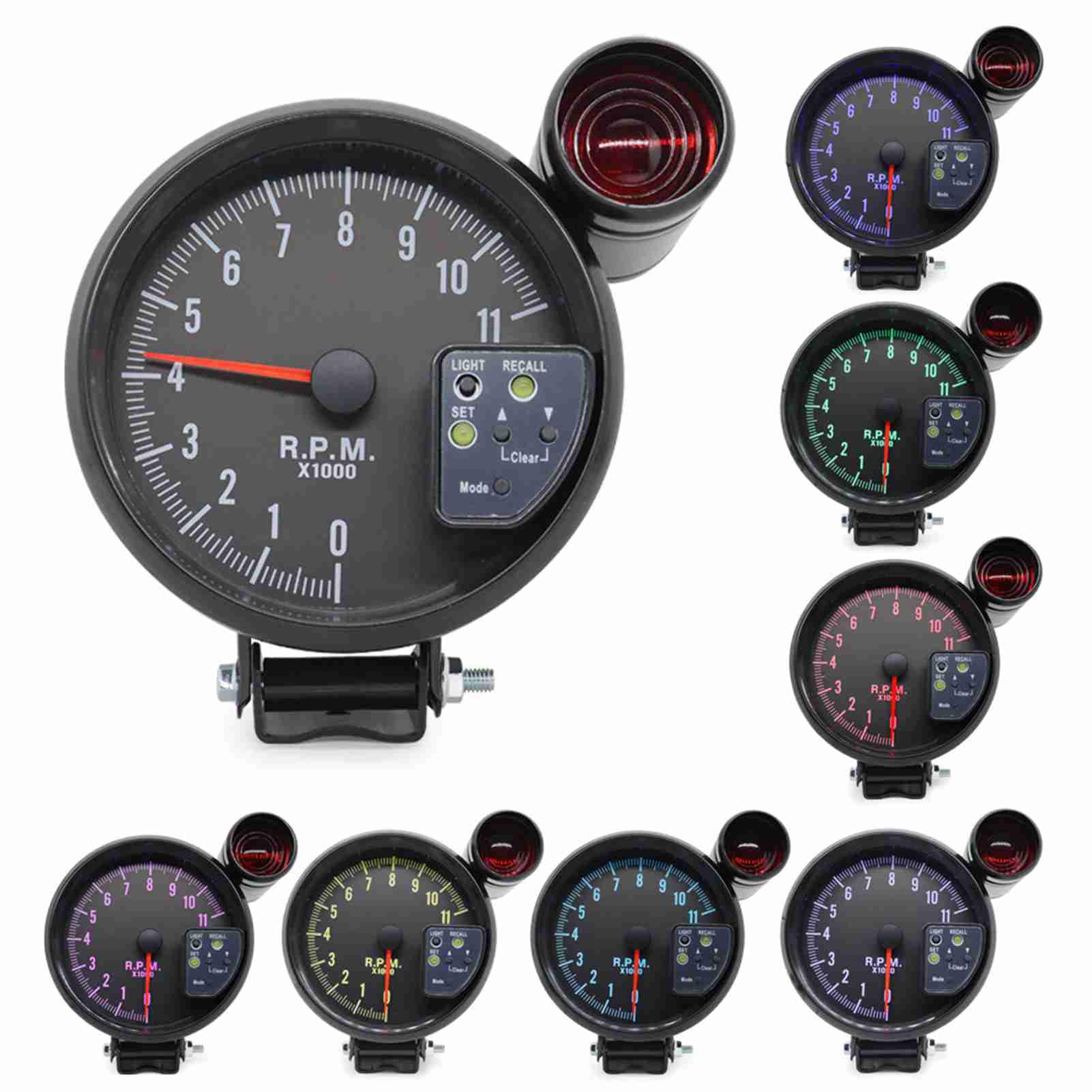 HUIOP Tachymètre de 5 Pouces,Tachymètre Noir de 5 Pouces, rétro-éclairage 7 Couleurs avec lumière de Changement de Vitesse, Son de crête, Flash LED en Cas d'avertissement de RPM