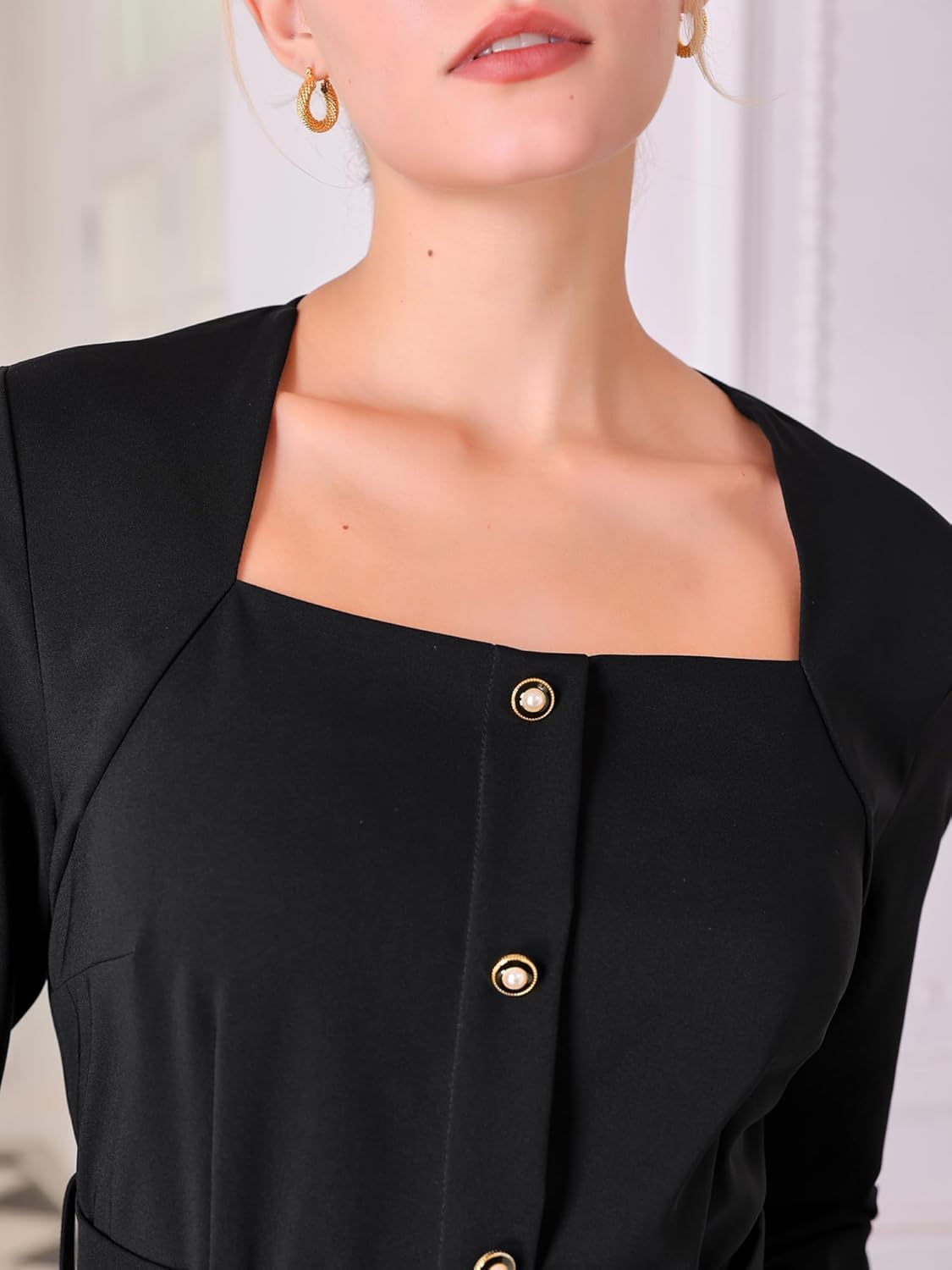 Women's Wear to Work Pencil Dress Square Neck Buttoned Belted Sheath Dresses