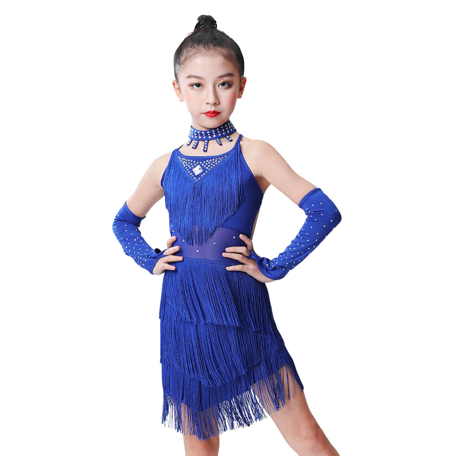 Girls Dresses Children's Suit Drill Tassel Skirt Sequin Tassel Dance Skirt Latin Dance Skirt (Blue, 18-24 Months)