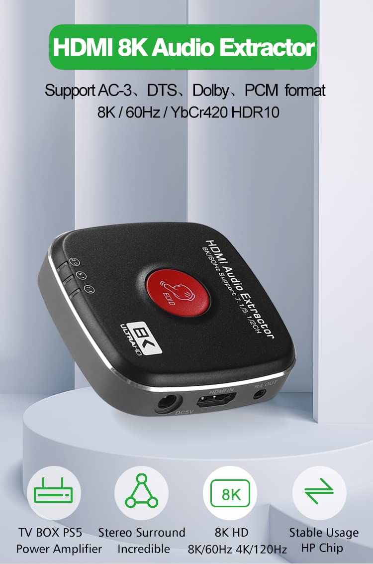 Estrattore audio HDMI 8K 60Hz 4K 120Hz 7.1CH/5.1CH/2CH convertitore di estrazione stereo ottico TOSLINK SPDIF + adattatore splitter audio da 3,5 mm (8K)