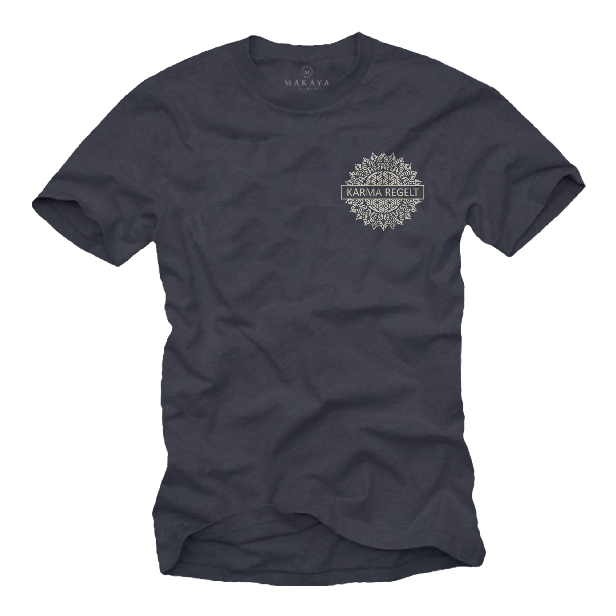 MAKAYA Mens T-Shirt with Back Print Logo Tee Graphic Design German Slogan Karma Takes Care Blue-Grey M