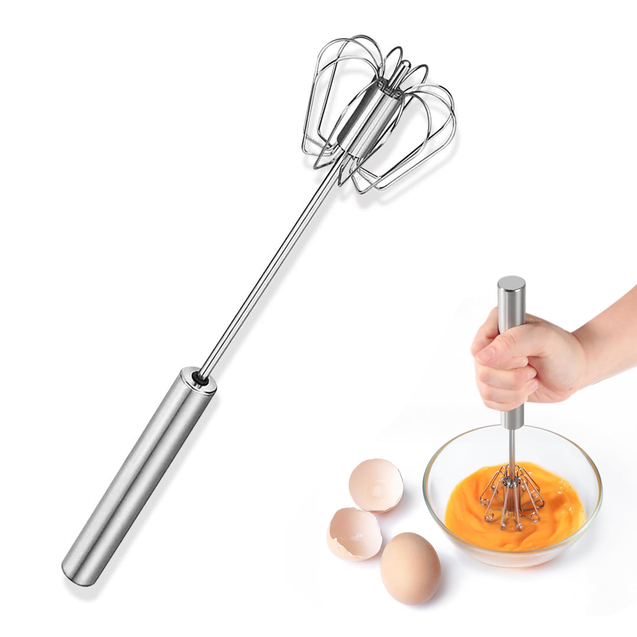 Semi-Automatic Egg Whisk Beater, Stainless Steel Wire Whisk Hand Push Blender Mixer for Baking, Whisking, Beating, Mixer Milk,12 inch