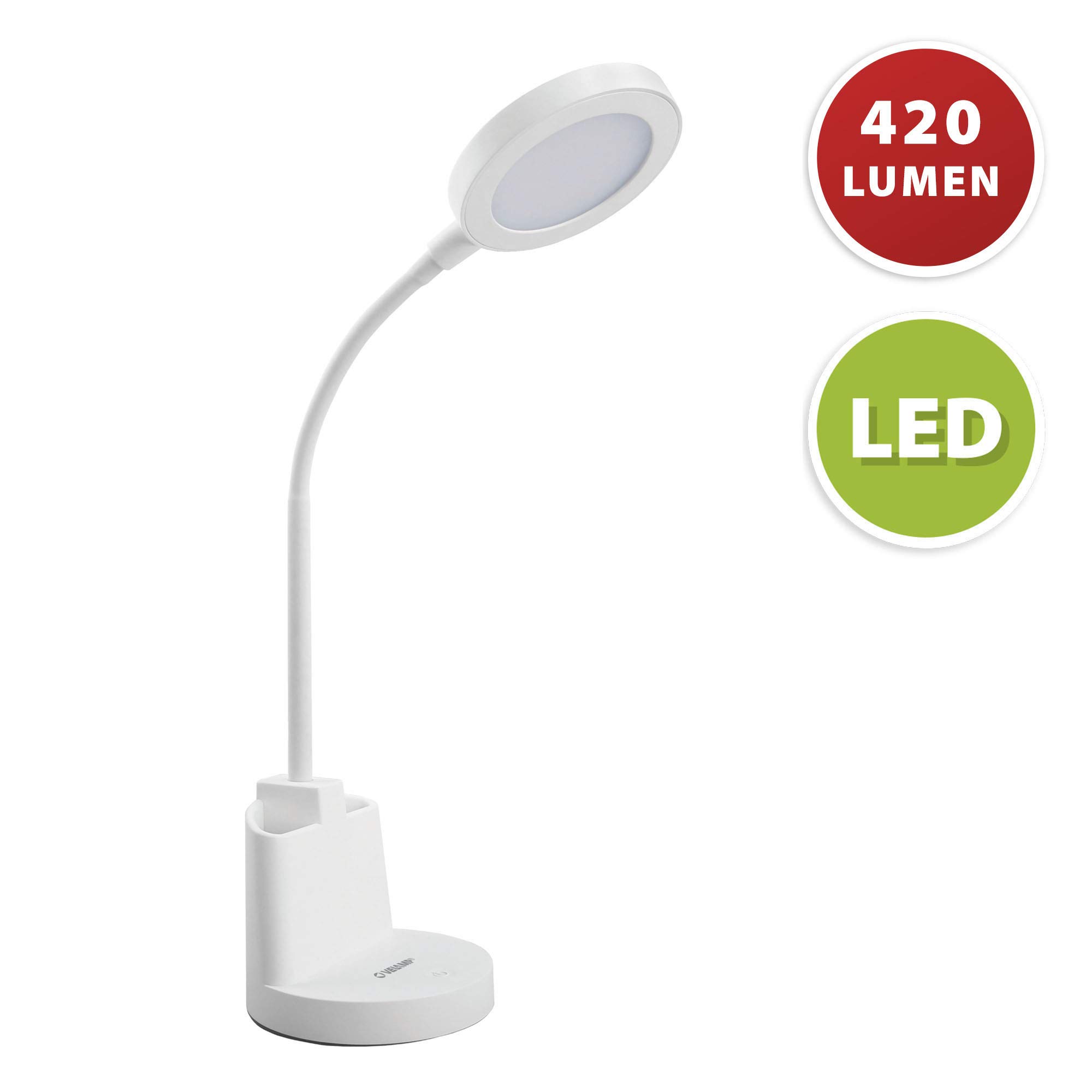 Velamp Lampe de bureau LED 7 W avec interrupteur tactile et porte-stylos. Blanc