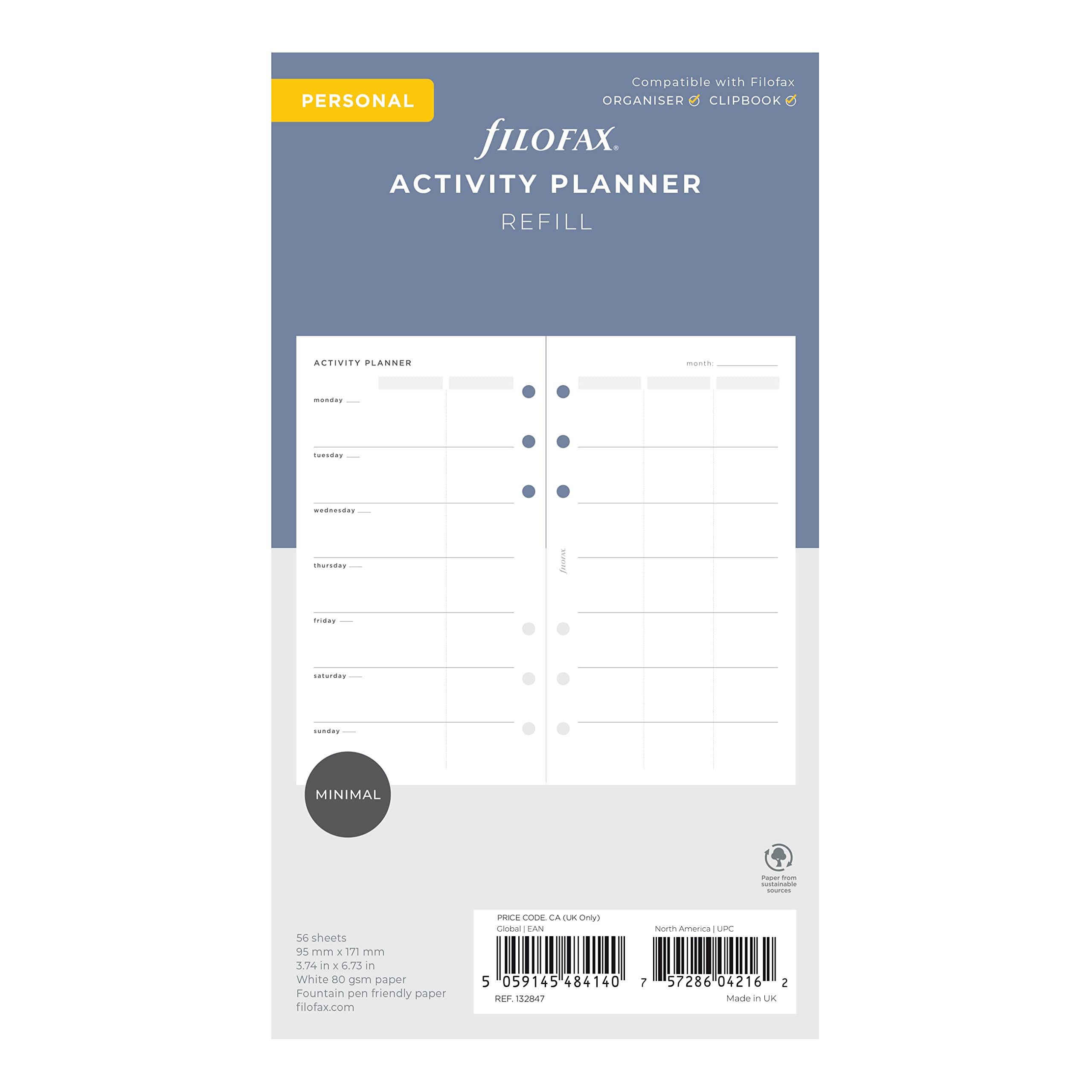 Filofax Lifestyle-Nachfüllpackung, persönliche Größe, Organizer-Nachfüllpackung, weißes Papier, Aktivitätsplaner, 56 Blatt (B132847)