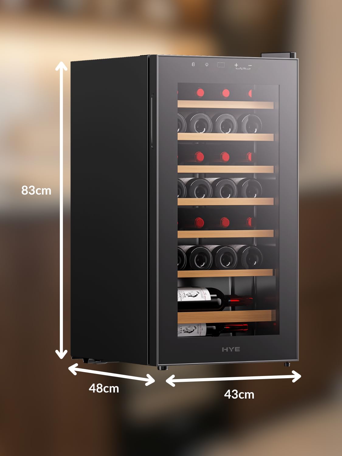 HYE Wine Cooler - Wine Fridge With 28 Bottle/88L Storage, 43CM Width, Wooden Shelves, LED Top Lighting, Temperature Range Adjustment, 40 dB Operation, Perfect For Collectors - RF01WC28B31 — view 5