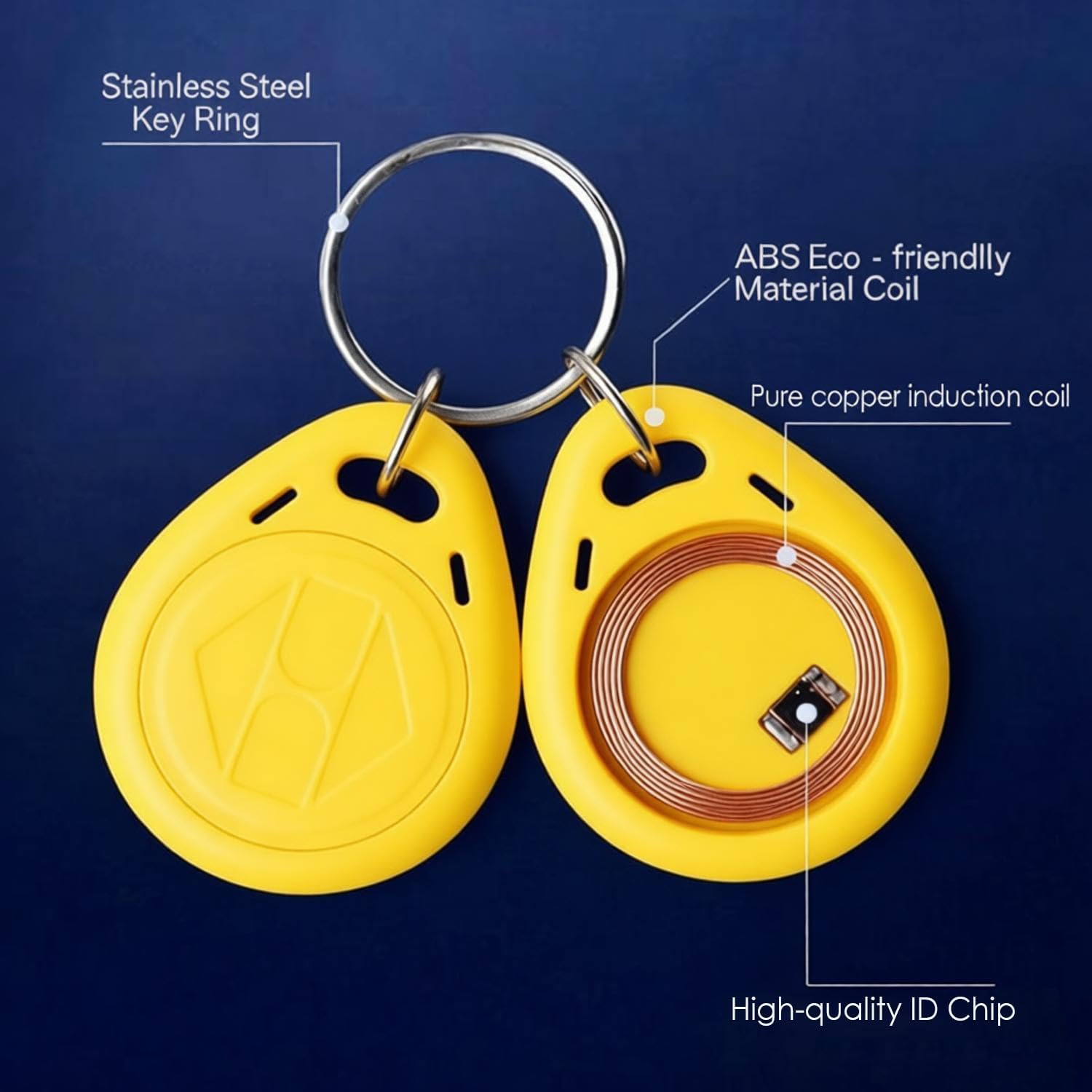 Portachiavi RFID 125kHz (ID) con Bobina Ottimizzata, Chip TK4100 / EM4100, Scocca ABS Resistente all’Acqua, UID di Sola Lettura, per Sistemi di Controllo Accessi (100 Pcs, Giallo)