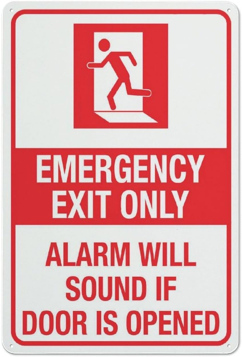Emergency Exit Only Alarm Will Sound Rust Free Aluminum Tin Sign - Warning Decor with Pre-Drilled Holes for Home Kitchen, Farm Garden - 12x8 Inch​