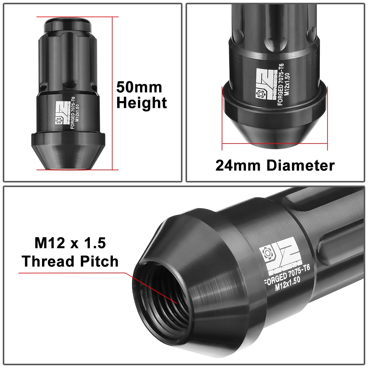 J2 Engineering J2-LN-T7-035-15-BK M12 x 1,5 T6-7075 Dadi a estremità chiusa in alluminio da 50 mm con adattatore di estensione Deep Drive, nero