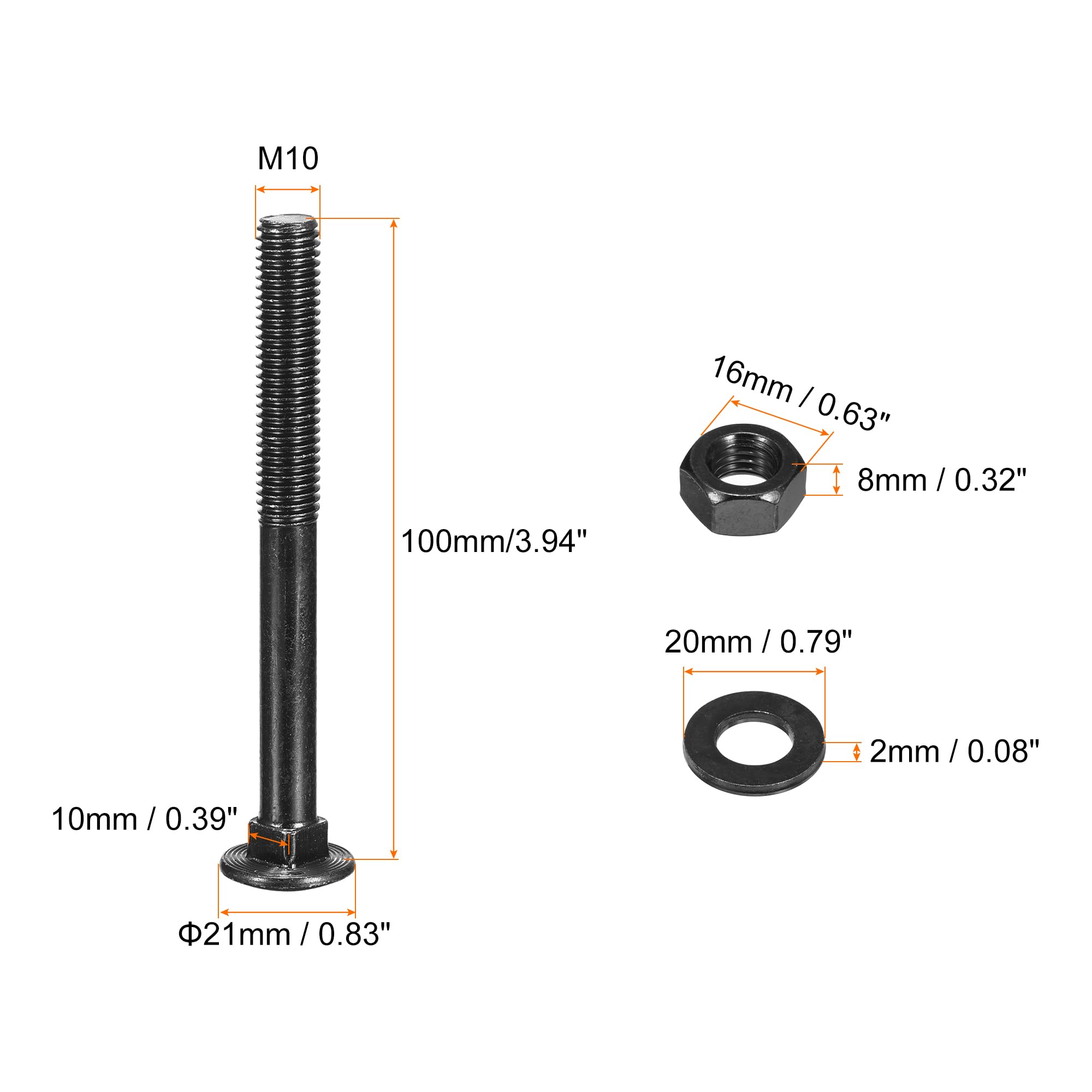 QUARKZMAN M10x100mm Boulons À Tête Ronde Avec Écrous Et Rondelles, 12Set Acier Inoxydable 304 Boulons À Tête Ronde Avec Collet Carré, Noir