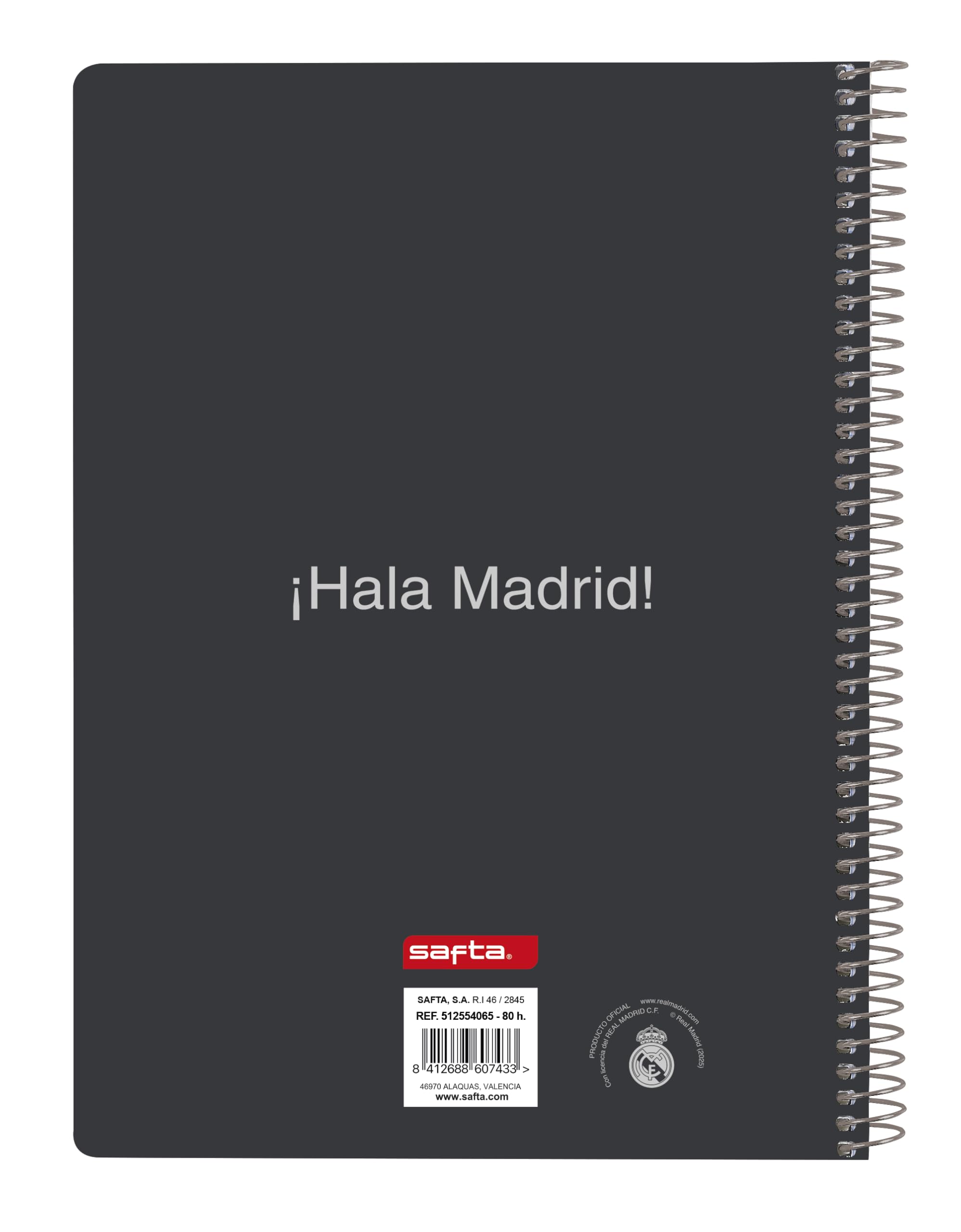 safta Real Madrid EQUIPACIÓN 25/26 Carnet de notes 80 feuilles, couverture rigide, idéal pour les enfants de différents âges, confortable et polyvalent, qualité et résistance, 15,5 x 22 cm, blanc, M