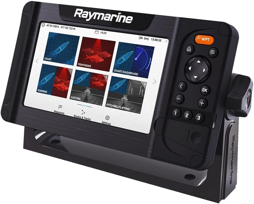 Raymarine Element 7 HV Chartplotter angled view, showing the display and the mounting bracket from a different perspective.