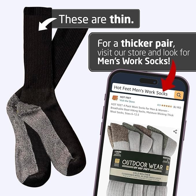 HOT FEET Work Socks for Men, Long All Weather Boot Crew Cotton Socks, Cushioned, Moisture Wicking, Stocking Stuffers - Image 6