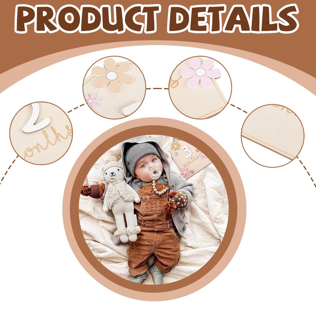 Étapes Bébé en Bois, 1 set Cartes Mensuelles Bebe, Fleur Carte Étape Bébé, Accessoires Photo pour Nourrissons de 0 à 12 Mois, Enregistrement de Croissance, Carte Mois par Mois