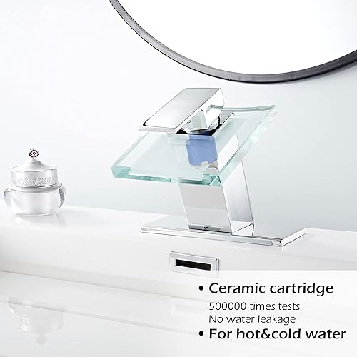 Miniatura 5 de Grifo de cascada de baño Caño de cristal LED cromado con tapón de drenaje de desbordamiento de una sola manija, un agujero, diseño moderno, grifo de