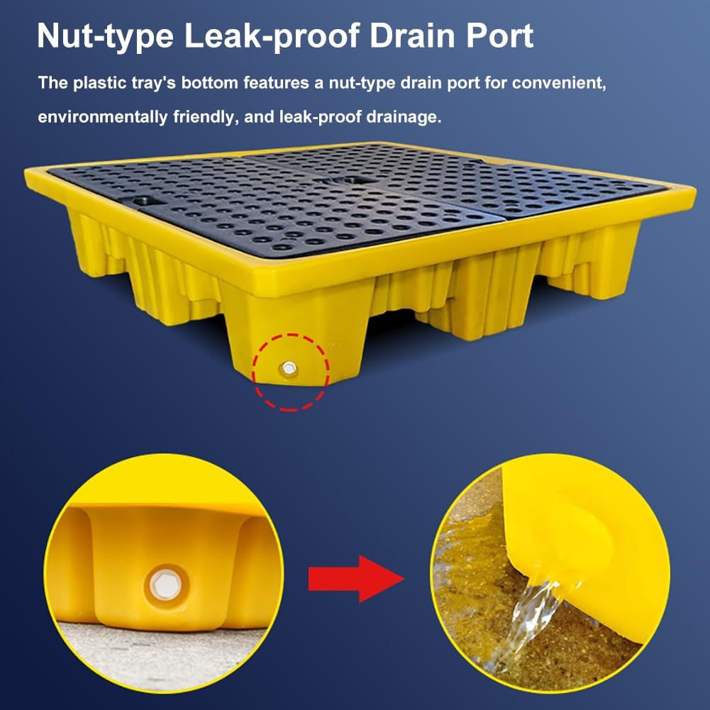 Heavy-Duty Spill Containment Pallet with Drain, 2000 lbs Capacity, Removable Anti-Leakage Modular Tray, 34x34x6.5cm, Ideal for Industrial Use, 1 Piece