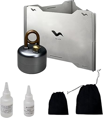 UJU Juego de estufa portátil de alcohol para acampar con parabrisas, bolsa de almacenamiento, 2 botellas de líquido, soporte estable, resistente al