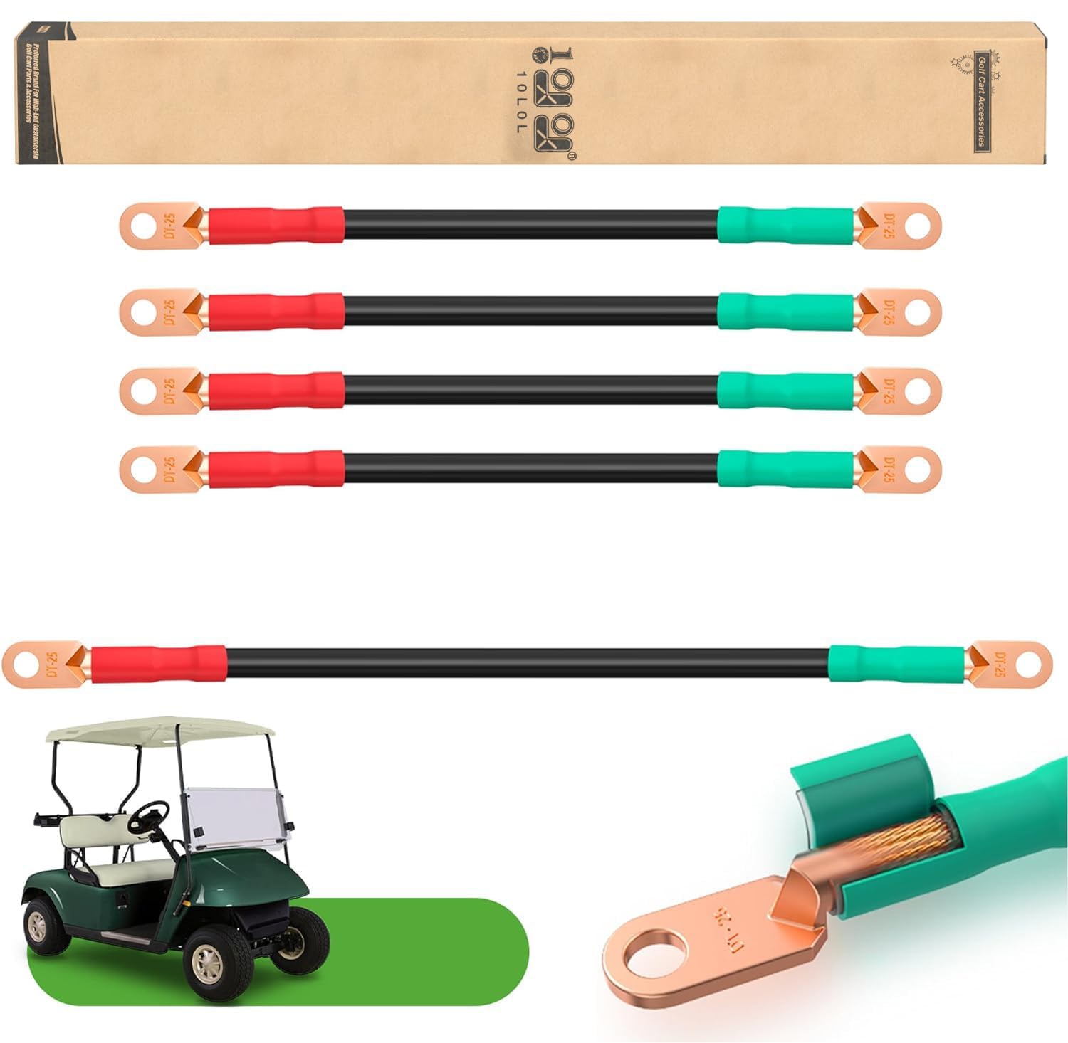 10L0L Câbles de Batterie 25mm² pour voiturette de Golf, Calibre 4, pour EZGO TXT 36v et 48v 1994-UP, Câble AC/DC Kit de câblage en cuivre Pur pour Batterie de voiturette de Golf - Noir et Vert