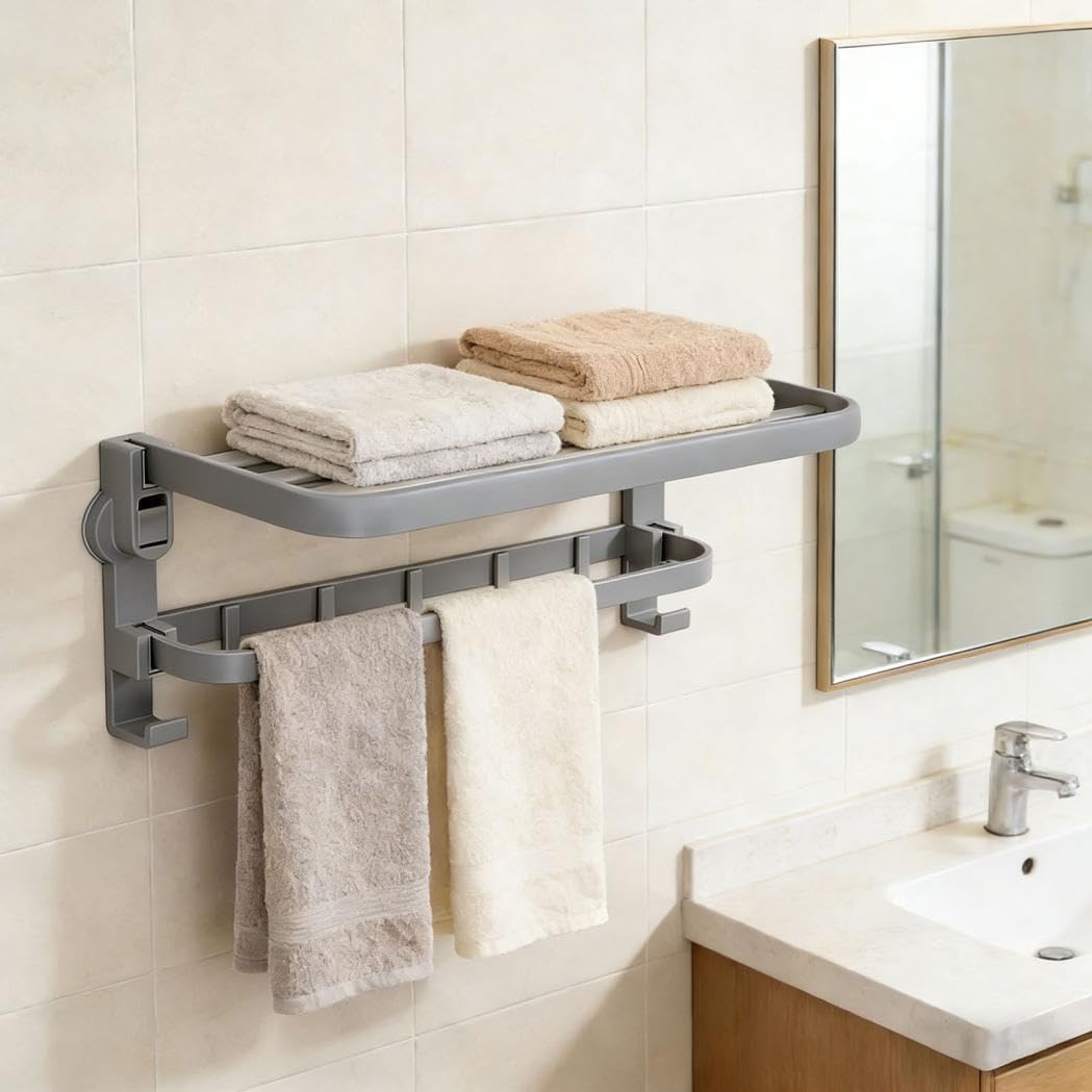 Suction Cup Towel Bar with Towel Bars and Hooks Suction Cup Shower Shelf Foldable Bath Towel Shelf Aluminum Towel Holder Wall Mounted Bath Towels Storage Hanger for Bathroom Kitchen (White_40Cm)
