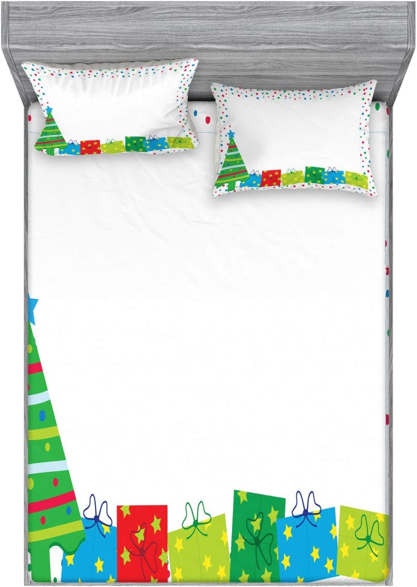 Ambesonne Party Fitted Sheet & Pillow Sham Set, Happy Christmas and New Year Theme Pine Tree Xmas Printed Border with Dots Winter, Decorative Printed 2 Piece Bedding Decor Set, Full, Aqua Green