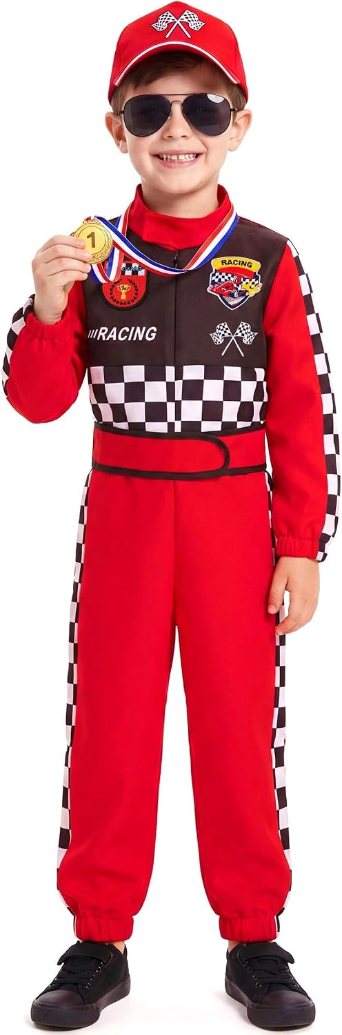 Kids Race Car Driver Costume Toddler Boys Racer Outfit with Cap Halloween Dress Up