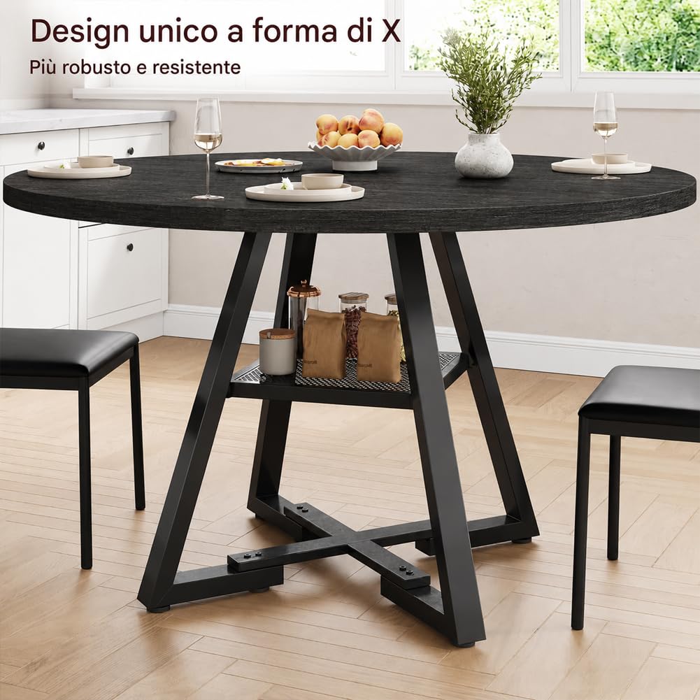 Shally Dogan Tavolo Rotondo per Sala da Pranzo e Cucina Diametro 120cm, Gambe in Metallo con Ripiano Portaoggetti Inferiore e Piano in Legno, Ideale per Casa e Ufficio (Nero)
